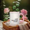 Weiß-rosa Becher mit Platzhalter „Ihr Design hier“ steht in einem Korb zwischen blühenden Rosen – inspirierendes Szenario für einen selbst gestalteten Becher bedrucken lassen