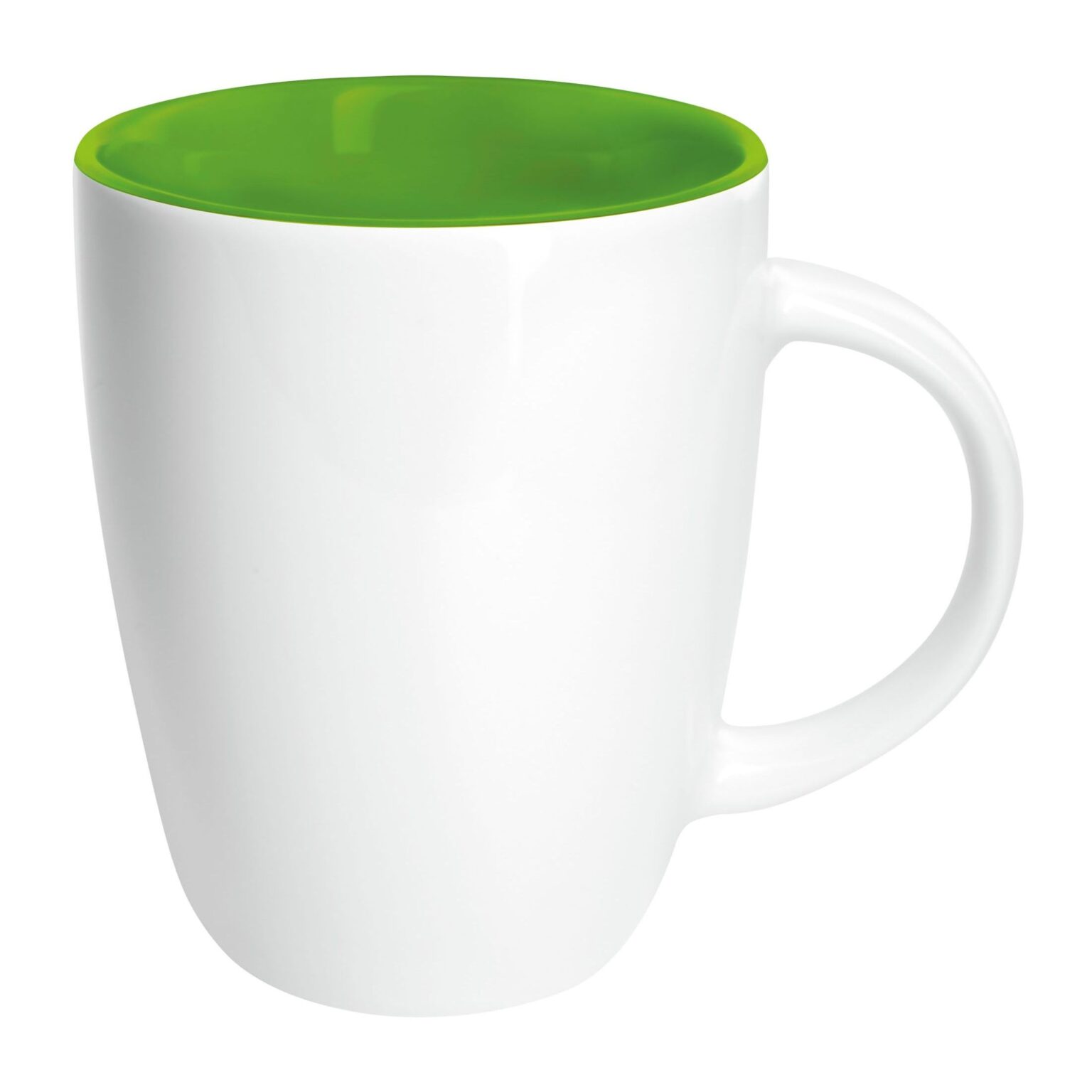 Freigestellte weiße Keramiktasse mit kräftig grünem Innenbereich – ideales Produktfoto zum Kaffeebecher bedrucken lassen für Firmen oder Events.