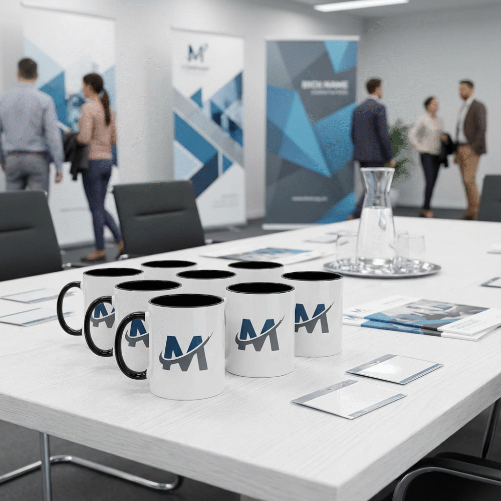 tassen-logo-bedrucken-1 Tassen mit Logo auf einem Konferenztisch bei einer Firmenveranstaltung
