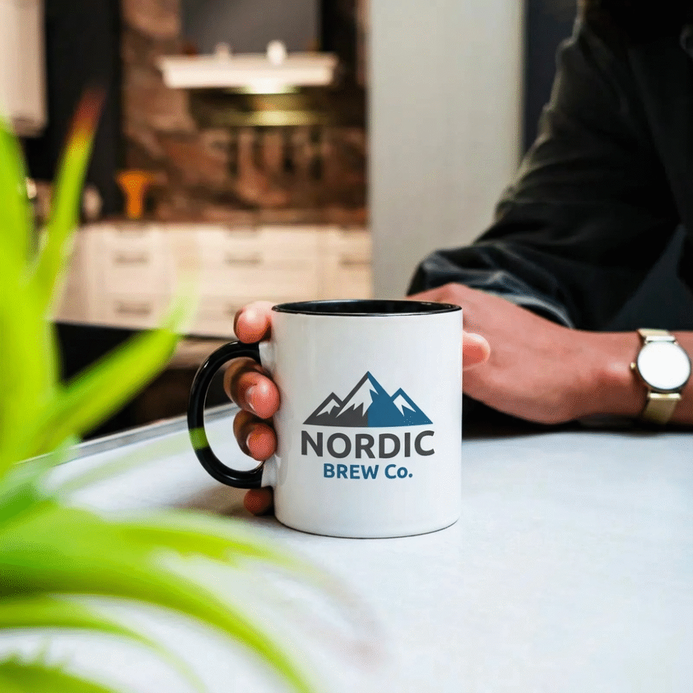 tassen-logo-bedrucken-2 Tasse Maik mit Beispiel-Firmenlogo „Nordic Brew Co.“ in der Hand am Schreibtisch