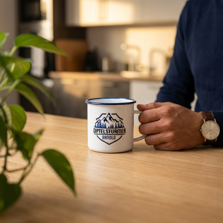 Emaillebecher mit blauem Rand und Berg-Logo auf einem Holzschreibtisch, Hand am Henkel