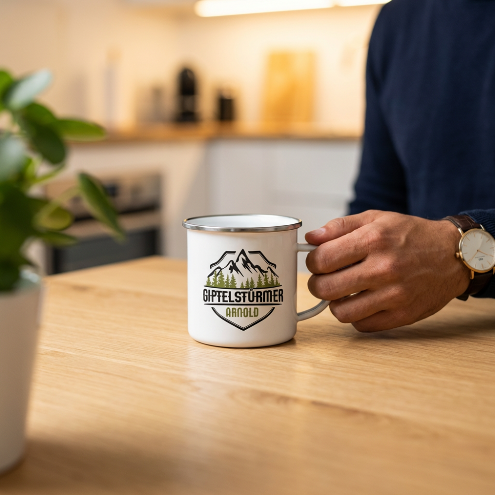 Emaillebecher silberner Rand im Büro Emaillebecher mit silbernem Rand und Berg-Logo auf einem Holzschreibtisch, Hand am Henkel