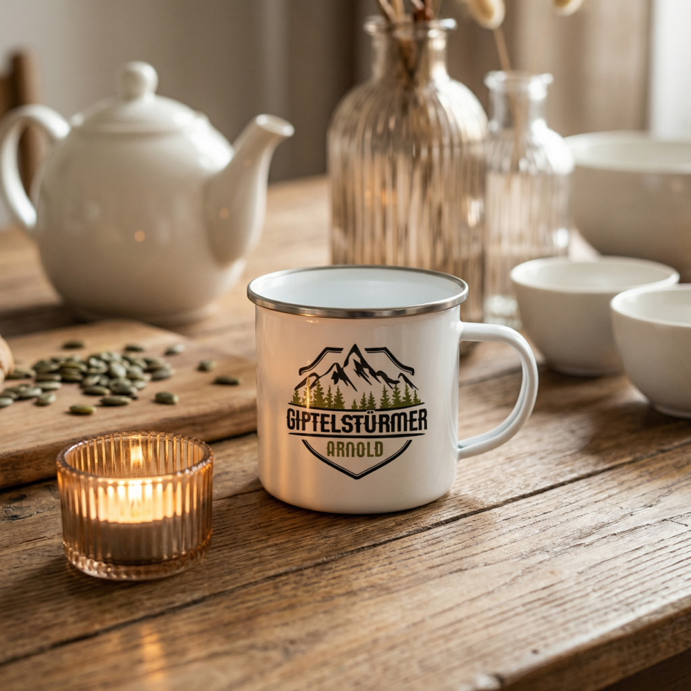 Emaillebecher silberner Rand – Teezeit Bedruckter Emaillebecher mit silbernem Rand neben Teekanne und Kerze