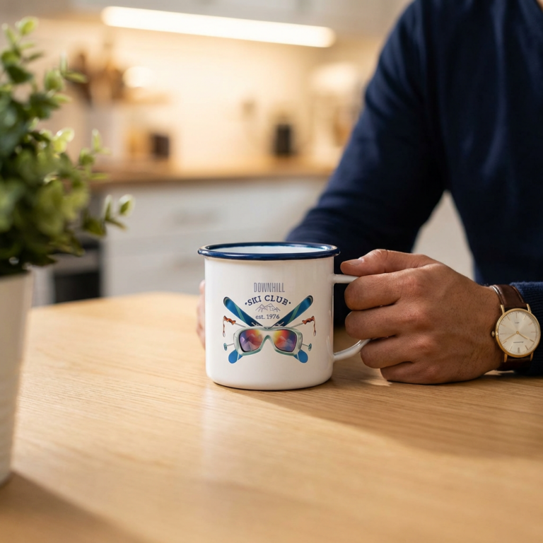 Emailletasse mit blauem Rand und Ski-Club-Logo auf einem Holzschreibtisch, Hand am Henkel
