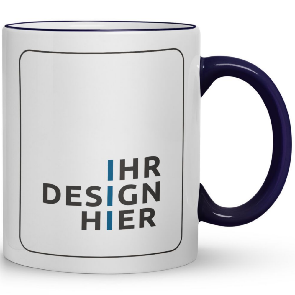 Keramiktasse Max kobaltblau mit Logo bedrucken Weiße Keramiktasse Max, 300 ml, mit Henkel und Rand in Kobaltblau und Platzhalter „Ihr Design hier“
