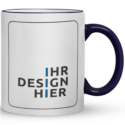 Weiße Keramiktasse Max, 300 ml, mit Henkel und Rand in Kobaltblau und Platzhalter „Ihr Design hier“