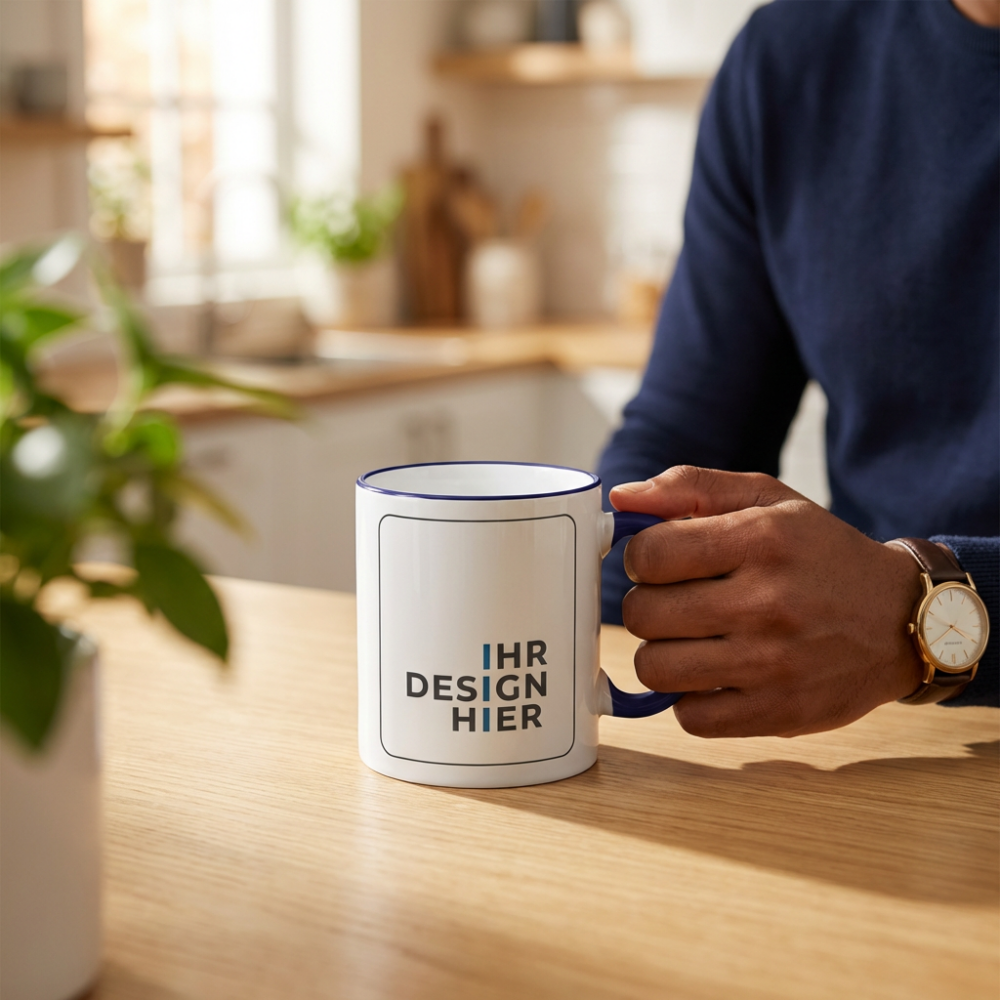Keramiktasse Max kobaltblau in der Kaffeepause Hand hält Keramiktasse Max mit Henkel in Kobaltblau und Logo-Platzhalter in der Büroküche
