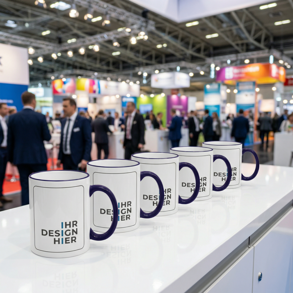 Keramiktassen Max kobaltblau mit Logo am Messestand Reihe bedruckter Keramiktassen Max in Kobaltblau auf einem Messetresen, im Hintergrund Messebesucher
