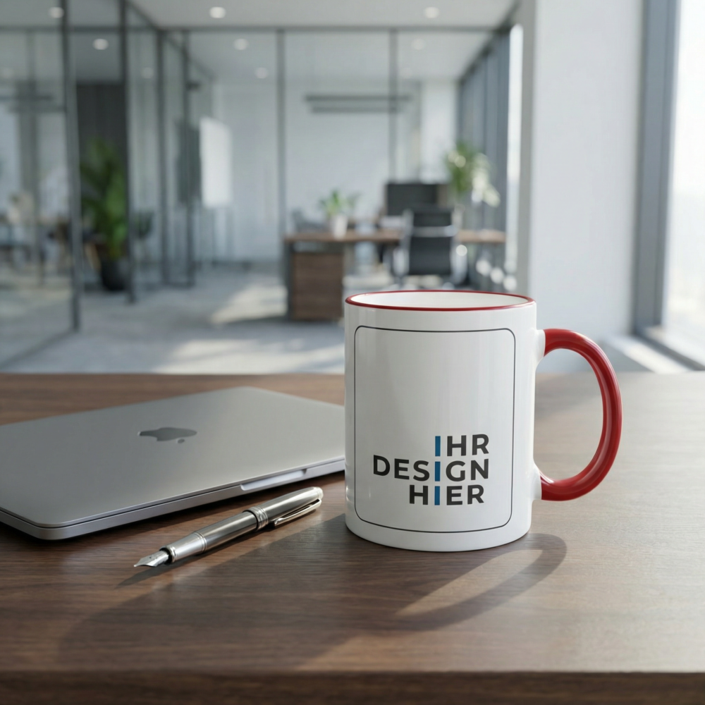 Merchandise Tasse Max maroon im Büro Merchandise Tasse Max mit Henkel und Rand in Maroon und Platzhalter für Ihr Logo auf einem Büroschreibtisch neben Laptop und Stift