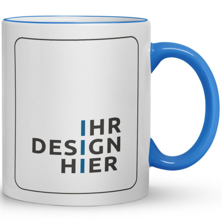 Weiße Keramiktasse Max, 300 ml, mit Henkel und Rand in Cambridge Blau und Platzhalter „Ihr Design hier“