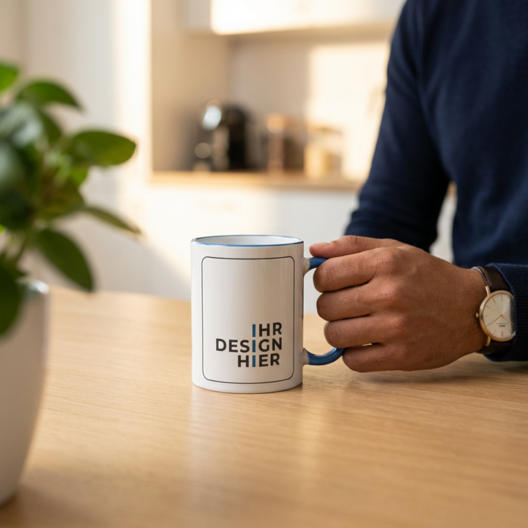 Tasse Max Cambridge Blau in der Kaffeepause Hand hält Tasse Max mit Henkel in Cambridge Blau und Logo-Platzhalter in der Büroküche