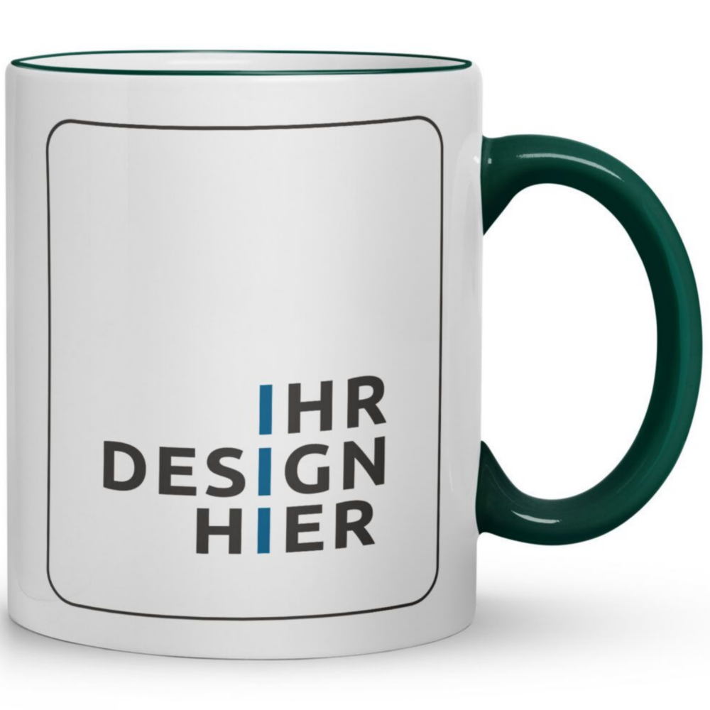 Weiße Keramiktasse Max, 300 ml, mit Henkel und Rand in Dunkelgrün und Platzhalter „Ihr Design hier“