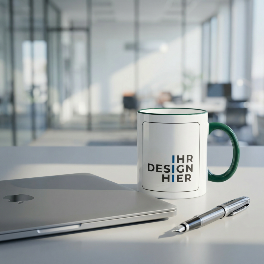 Tasse Max dunkelgrün mit Logo im Büro Tasse Max mit Henkel und Rand in Dunkelgrün und Platzhalter für Ihr Logo auf einem Büroschreibtisch neben Laptop und Stift