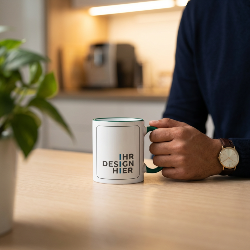 Tasse Max dunkelgrün in der Kaffeepause Hand hält Tasse Max mit Henkel in Dunkelgrün und Logo-Platzhalter in der Büroküche