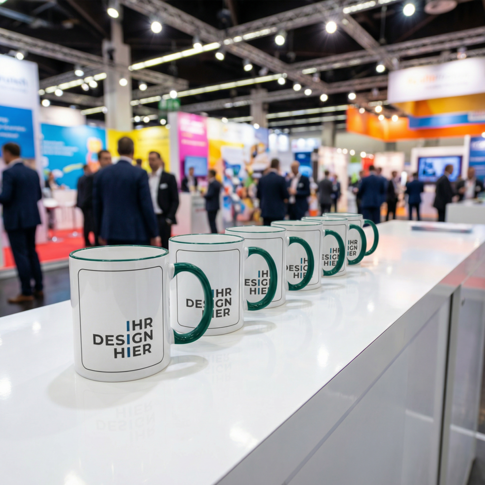 Tassen Max dunkelgrün mit Logo am Messestand Reihe bedruckter Tassen Max in Dunkelgrün auf einem Messetresen, im Hintergrund Messebesucher