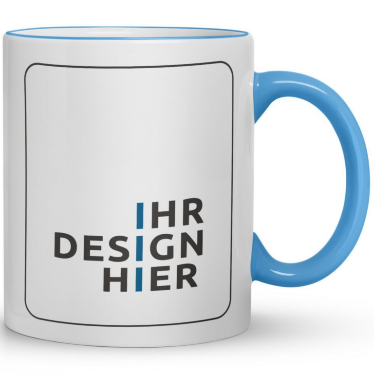Weiße Keramiktasse Max, 300 ml, mit Henkel und Rand in Hellblau und Platzhalter „Ihr Design hier“