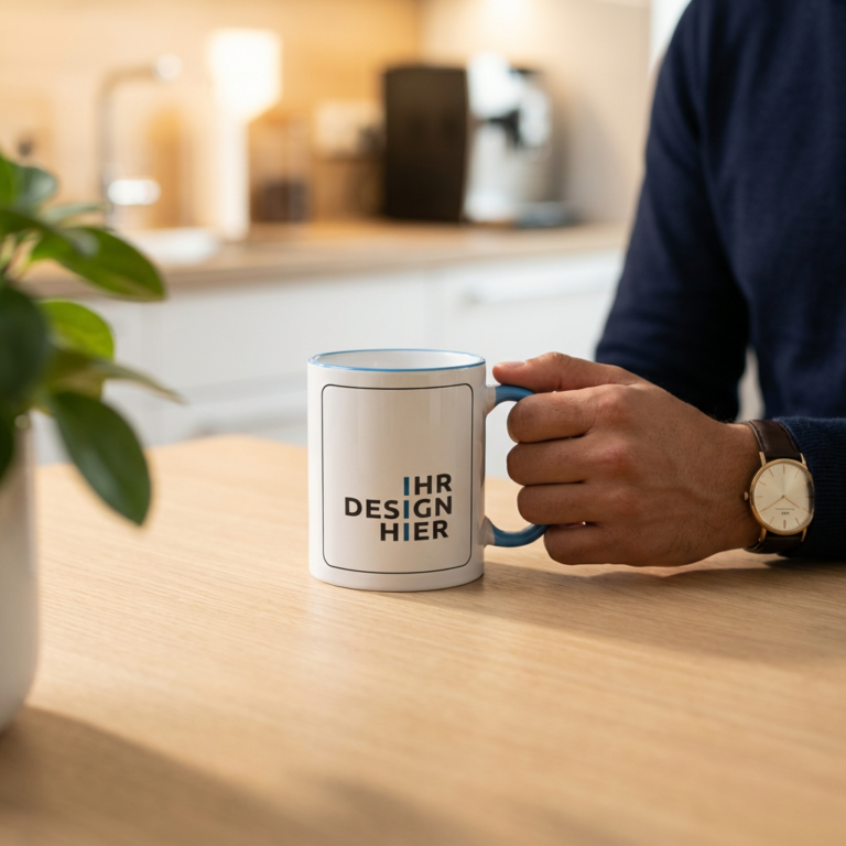 Tasse Max hellblau in der Kaffeepause Hand hält Tasse Max mit Henkel in Hellblau und Logo-Platzhalter in der Büroküche