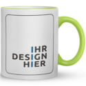 Weiße Keramiktasse Max, 300 ml, mit Henkel und Rand in Hellgrün und Platzhalter „Ihr Design hier“