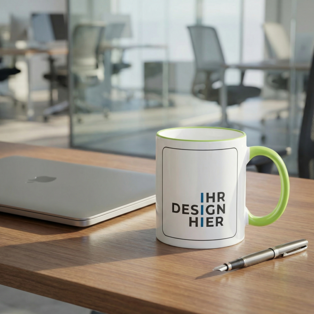 Tasse Max hellgrün mit Logo im Büro Tasse Max mit Henkel und Rand in Hellgrün und Platzhalter für Ihr Logo auf einem Büroschreibtisch neben Laptop und Stift