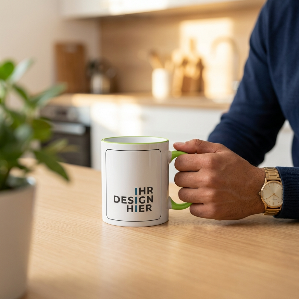 Tasse Max hellgrün in der Kaffeepause Hand hält Tasse Max mit Henkel in Hellgrün und Logo-Platzhalter in der Büroküche