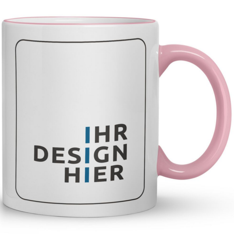 Weiße Keramiktasse Max, 300 ml, mit Henkel und Rand in Pink und Platzhalter „Ihr Design hier“