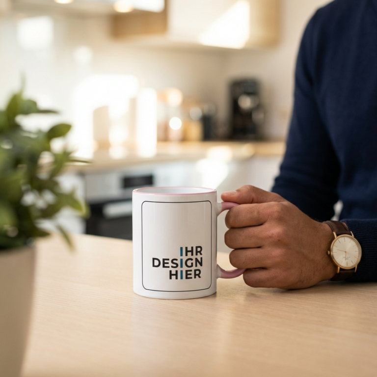 Tasse Max pink in der Kaffeepause Hand hält Tasse Max mit Henkel in Pink und Logo-Platzhalter in der Büroküche