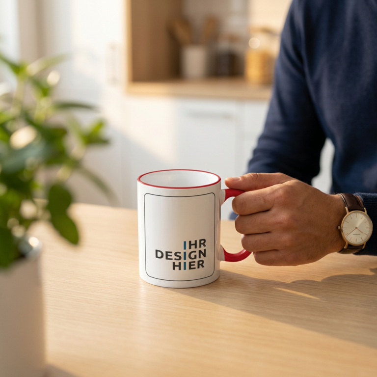 Tasse Max rot in der Kaffeepause Hand hält Tasse Max mit Henkel in Rot und Logo-Platzhalter in der Büroküche