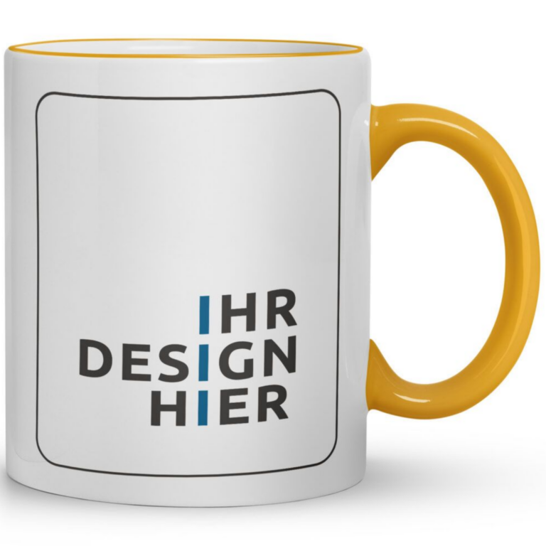 Weiße Keramiktasse Max, 300 ml, mit Henkel und Rand in Sonnengelb und Platzhalter „Ihr Design hier“