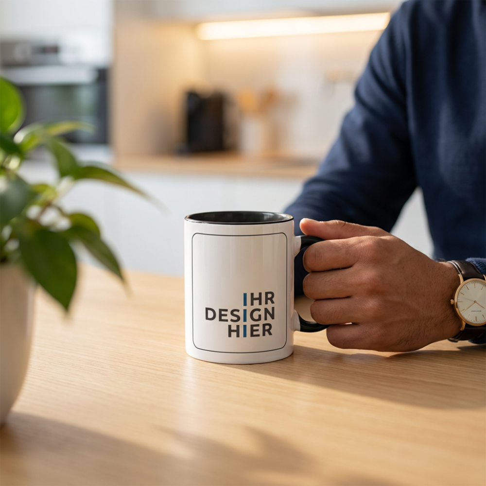 tassen-logo-bedrucken (3) Mann im Büro hält die Tasse Maik mit Logo-Platzhalter am Schreibtisch