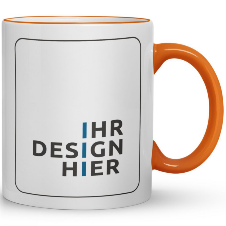 Weiße Keramiktasse Max, 300 ml, mit Henkel und Rand in Orange und Platzhalter „Ihr Design hier“