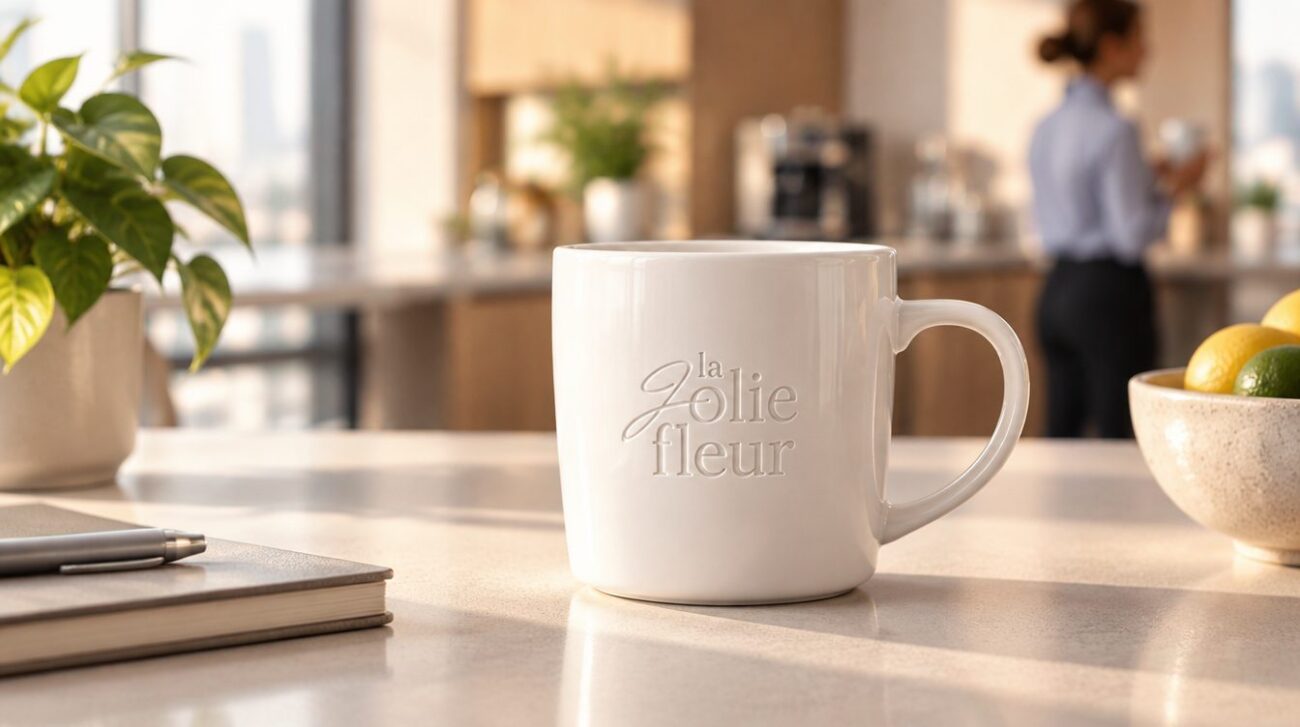 tassen mit logo gravur Gravierte weiße Porzellantasse auf einem Schreibtisch in einer hellen Büroküche, im Hintergrund eine unscharfe Person