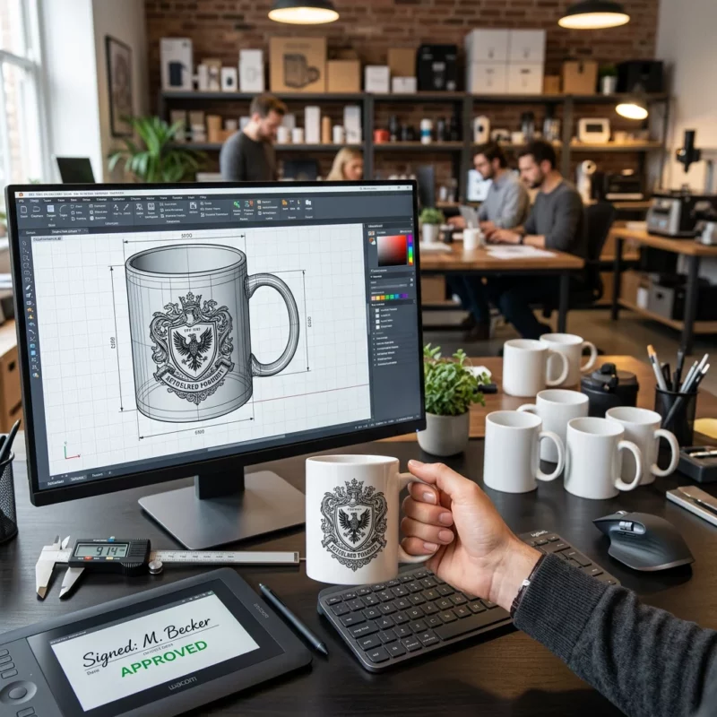 Tassen-Layout am Monitor und Musterexemplar in der Hand zur Freigabe vor der Produktion