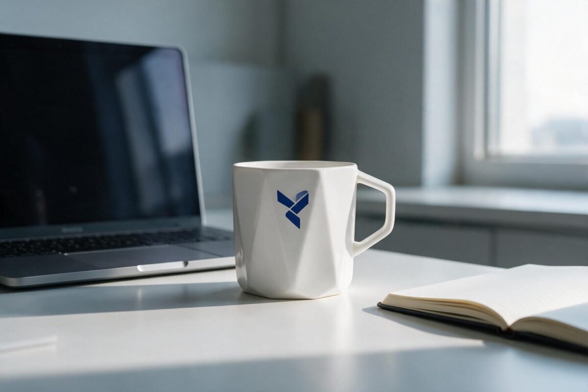 Werbeartikel Bedruckte Werbetasse Modell Crown mit blauem Logo auf einem Büroschreibtisch neben Laptop und Notizbuch