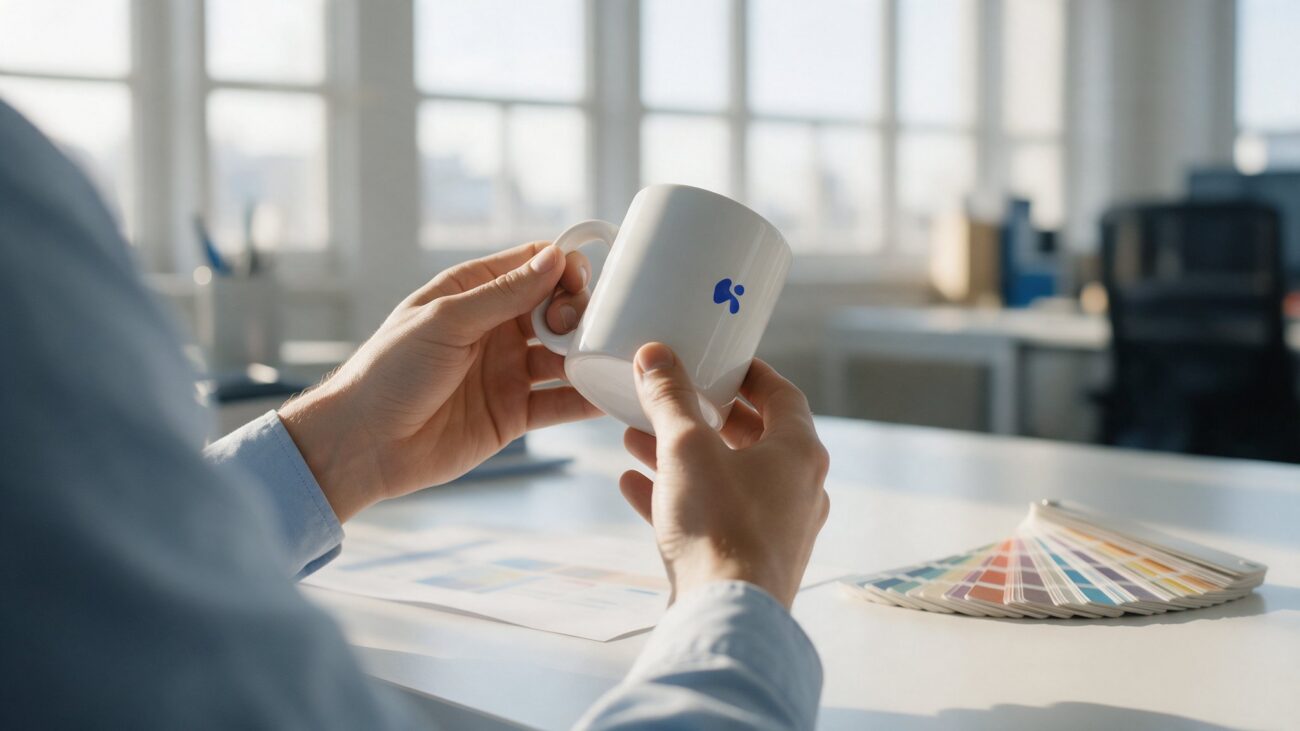 kaffeetasse bedrucken lassen Hände prüfen eine weiße Werbetasse mit blauem Logo neben Farbfächer und Korrekturabzug