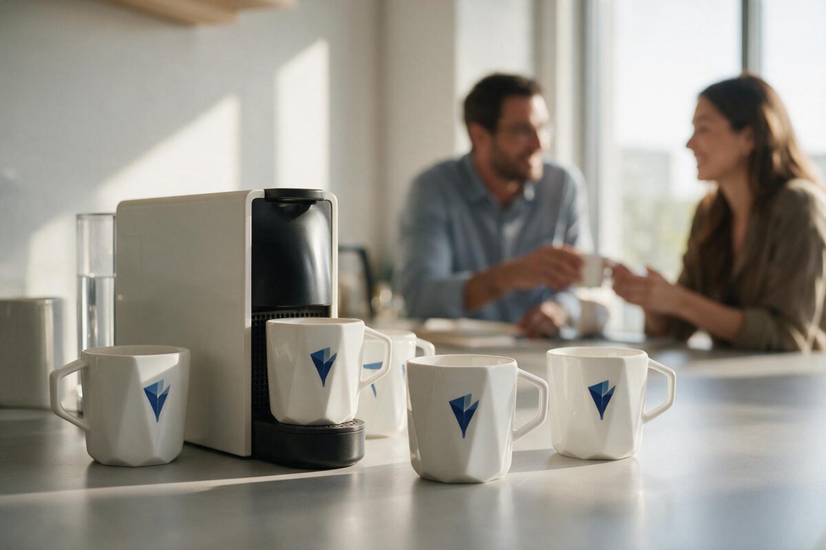Werbeartikel Mehrere bedruckte Werbetassen Modell Crown mit blauem Logo auf der Theke einer Büroküche neben der Kaffeemaschine