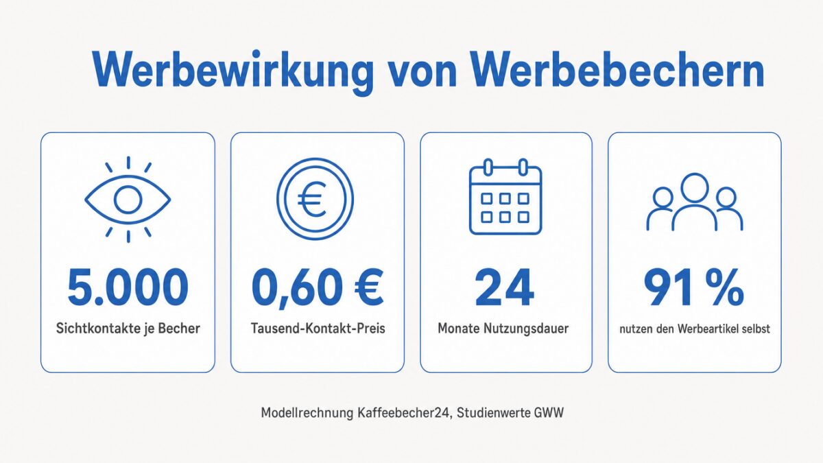 Infografik mit vier Kennzahlen zur Werbewirkung von Werbebechern: 5.000 Sichtkontakte je Becher, 0,60 Euro Tausend-Kontakt-Preis, 24 Monate Nutzungsdauer und 91 Prozent nutzen den Werbeartikel selbst